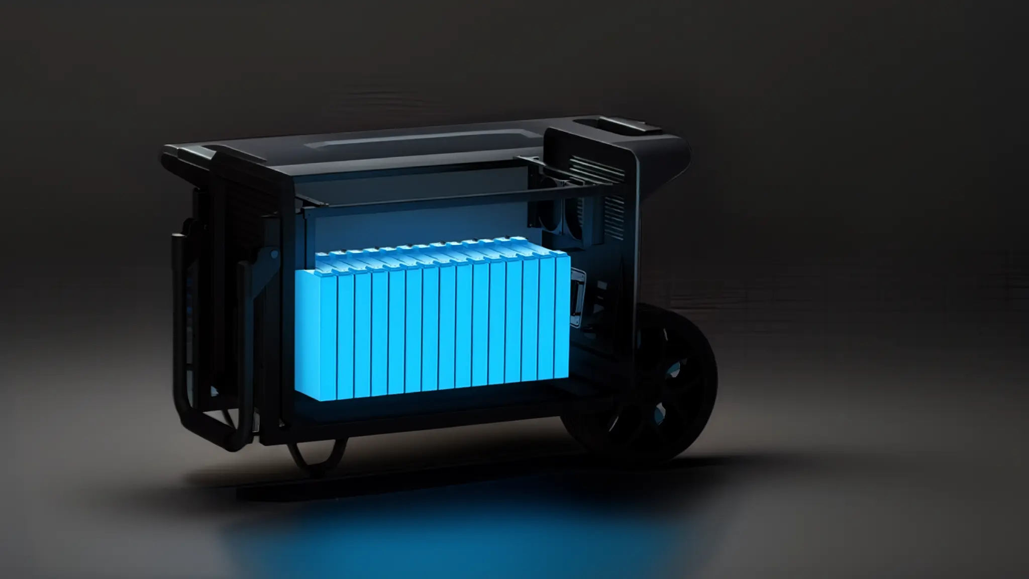 The TR-5000W's LiFePO4 battery cell pack glowing inside the chassis